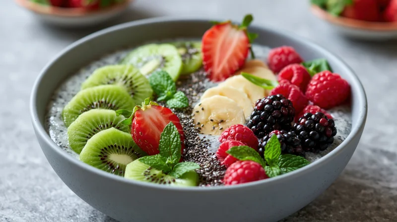 Smoothie bowl topped with sliced kiwi, strawberries, banana, raspberries, blackberries, chia seeds, and mint leaves on a grey ceramic bowl on a stone countertop