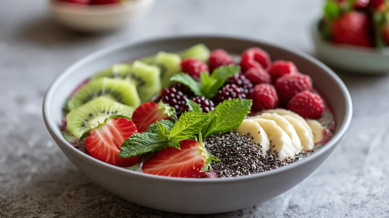 Smoothie bowl topped with sliced fruit and chia seeds on a grey countertop