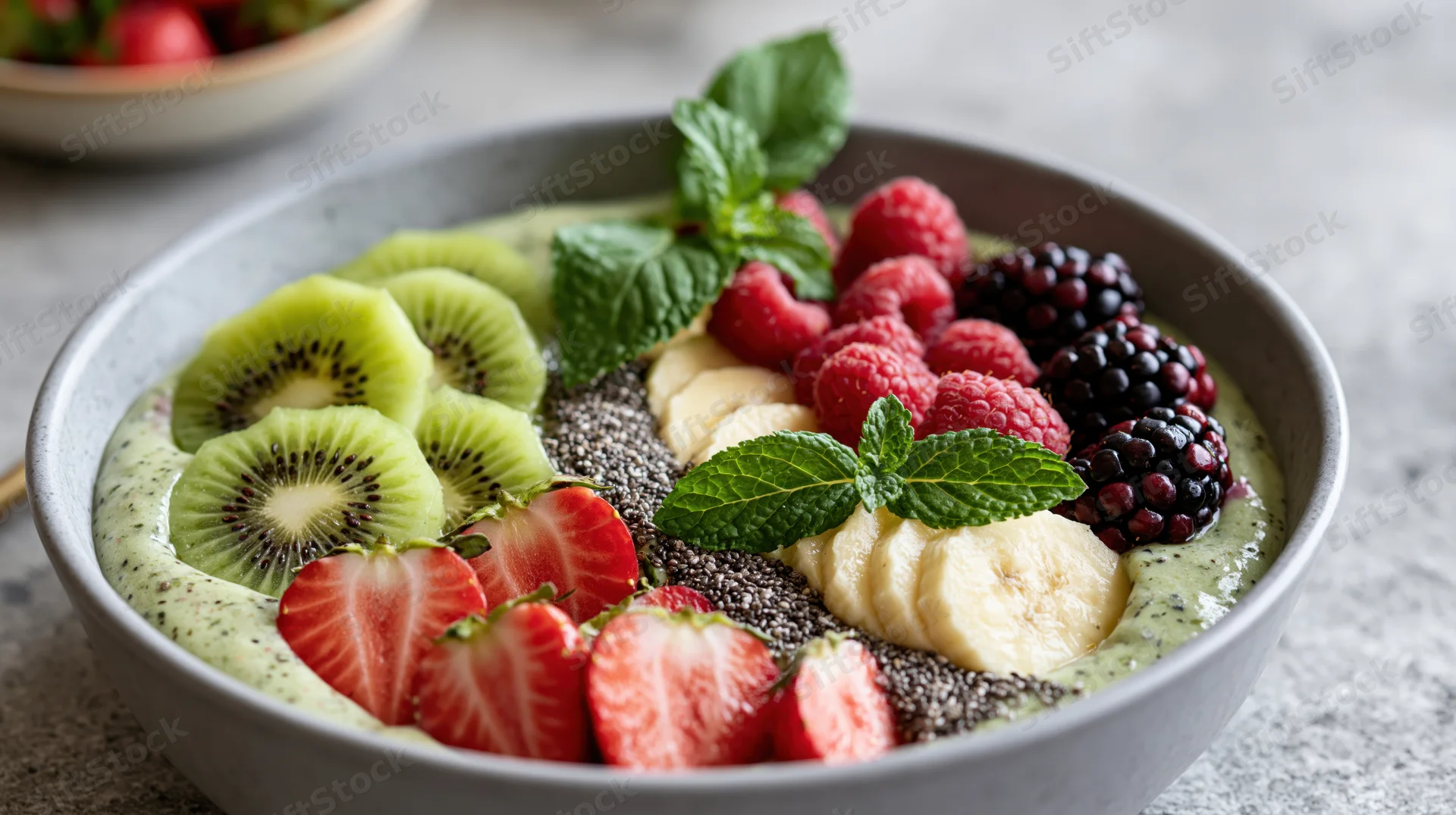Smoothie bowl topped with sliced fruit and mint in a grey ceramic bowl on a countertop