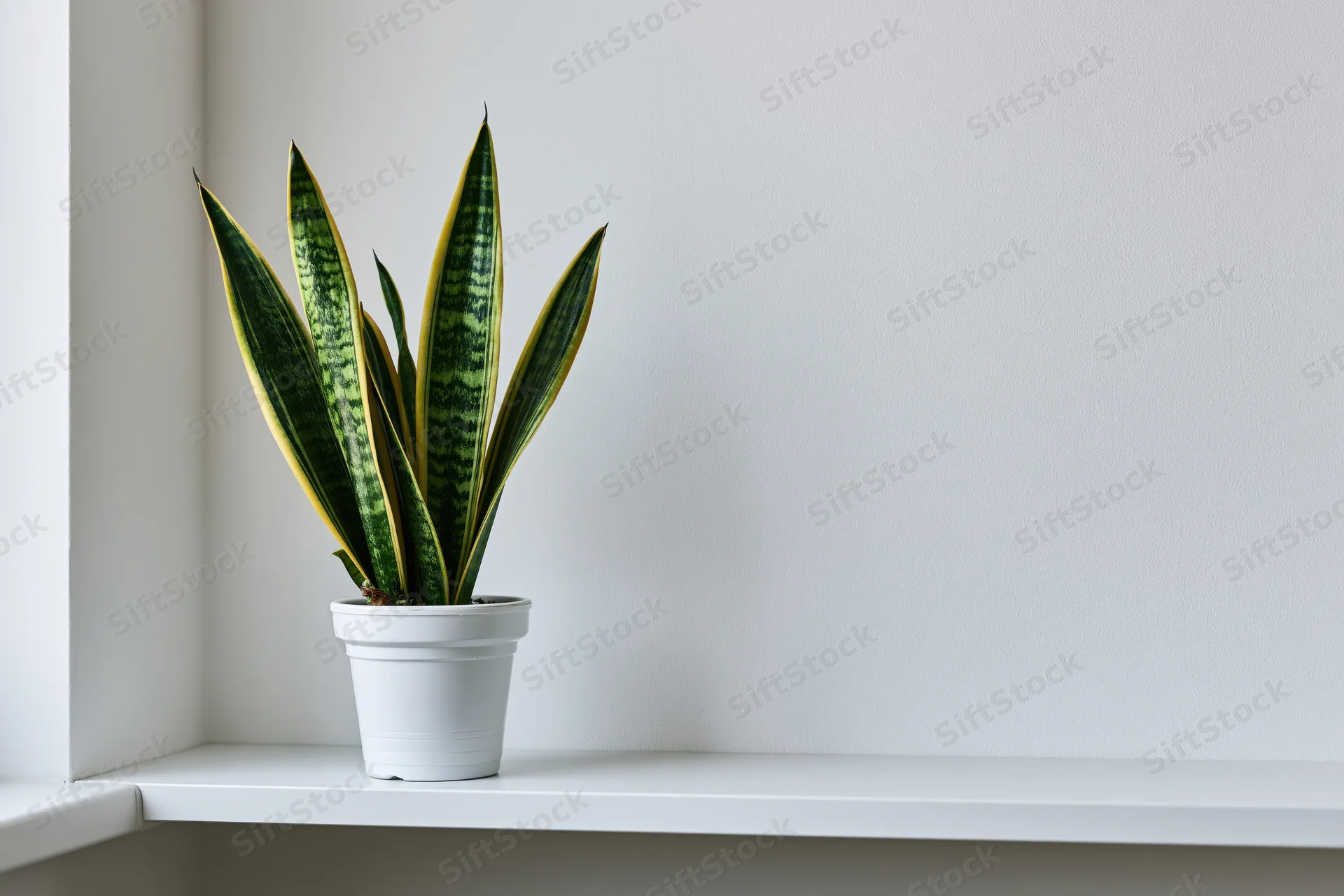 Snake plant in white pot on white shelf in corner of minimalist room