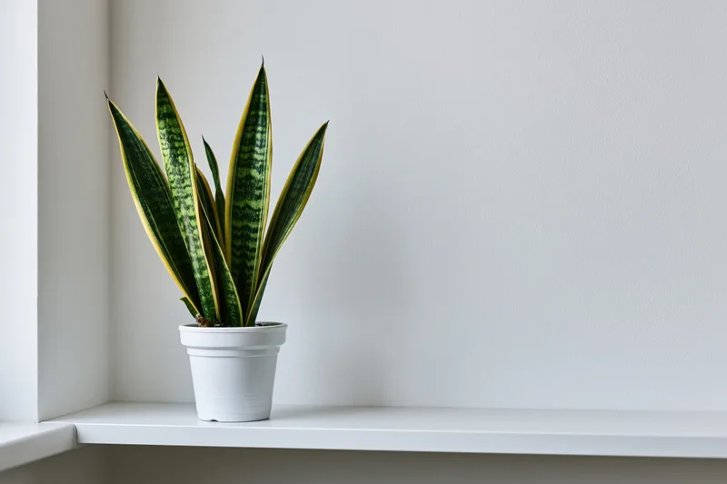 Snake plant in white pot on white shelf in corner of minimalist room