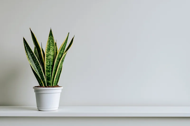 Snake plant in white pot on white shelf against plain wall