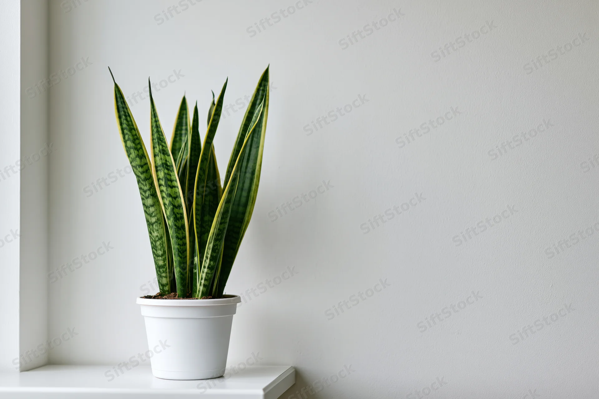 Snake plant in white pot on shelf against white wall