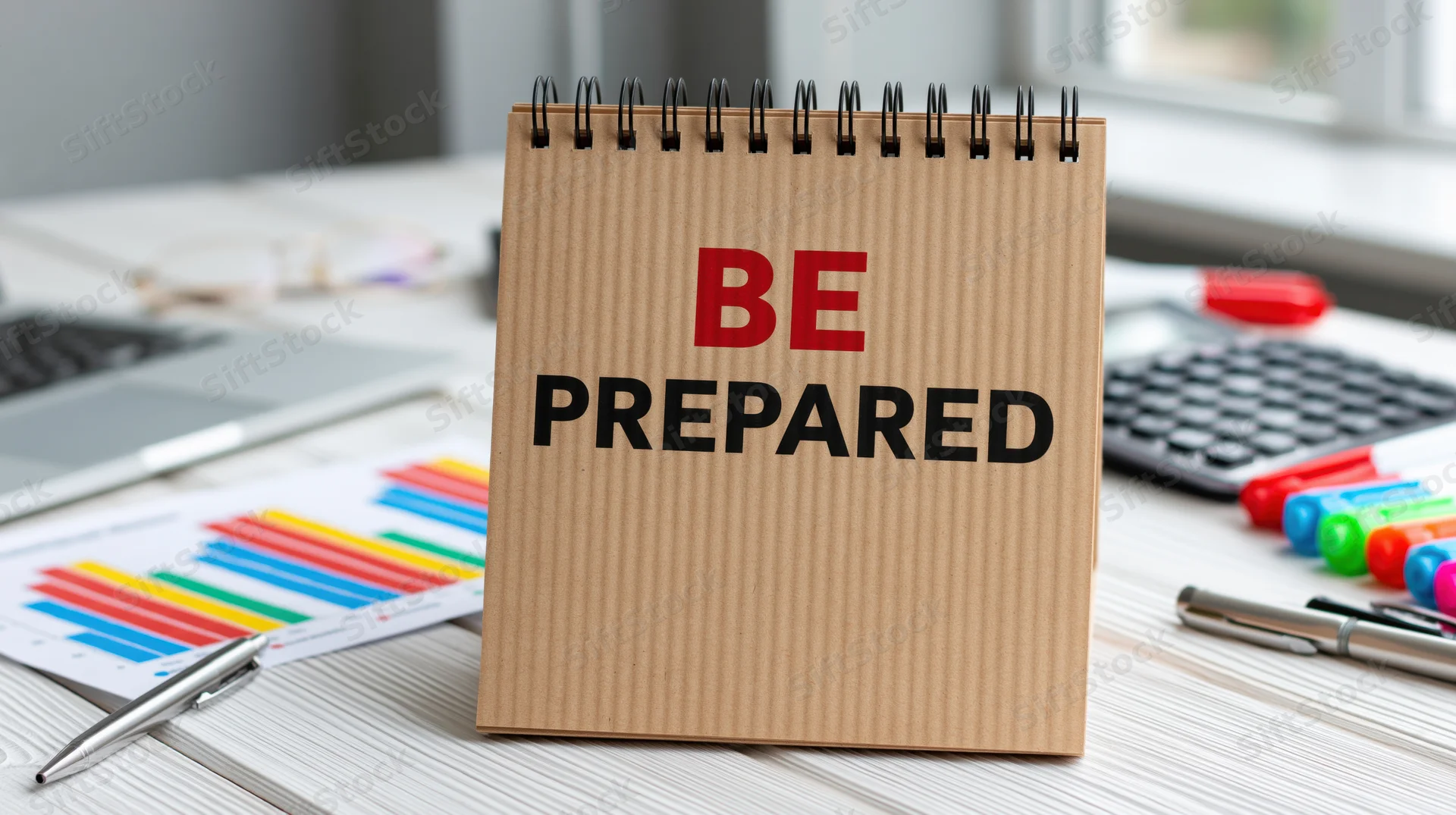 Spiral-bound kraft notepad with BE PREPARED text on office desk surrounded by planning tools and documents