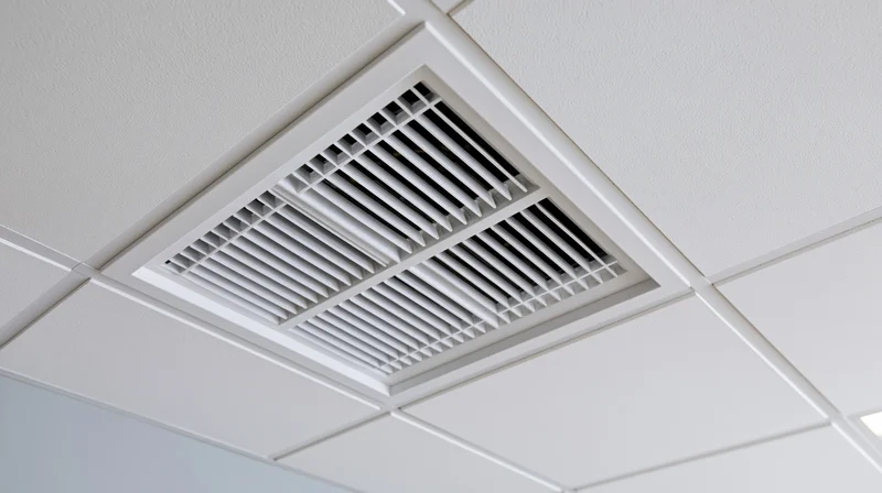 White square hvac diffuser mounted flush in a ceiling tile grid