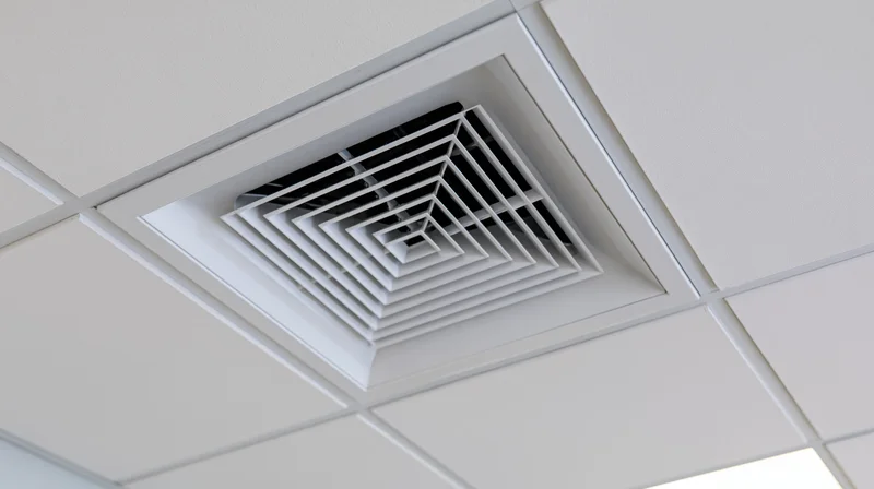 Square white hvac ceiling diffuser mounted flush into a tiled ceiling in an office interior
