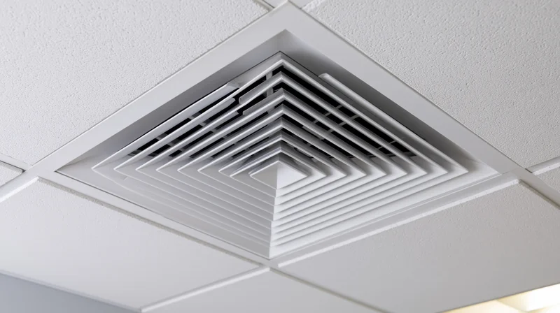 White square hvac ceiling diffuser mounted flush into a suspended ceiling