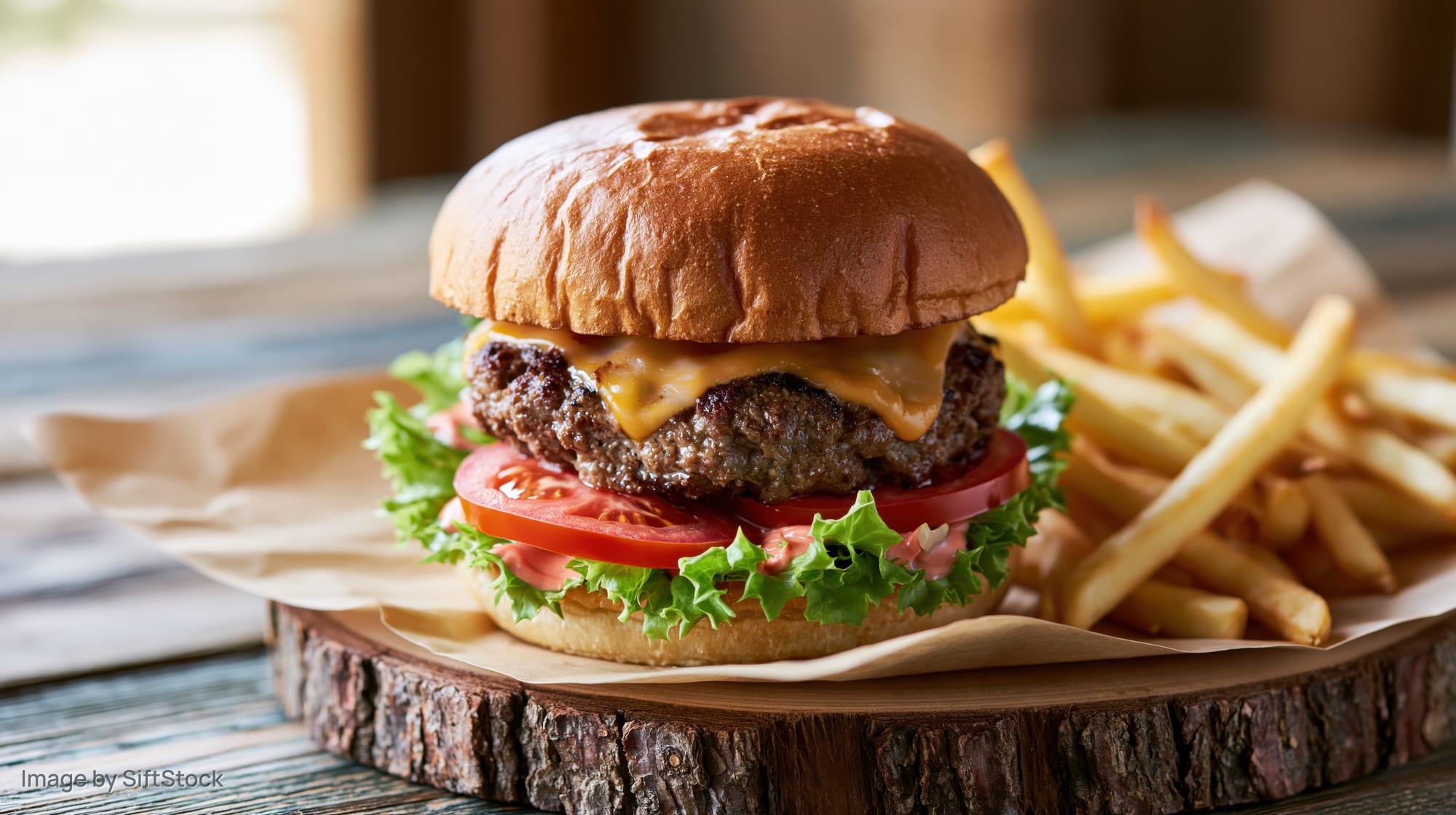 Cheeseburger with melted cheddar, tomato, lettuce and bacon on a wooden platter with fries beside it