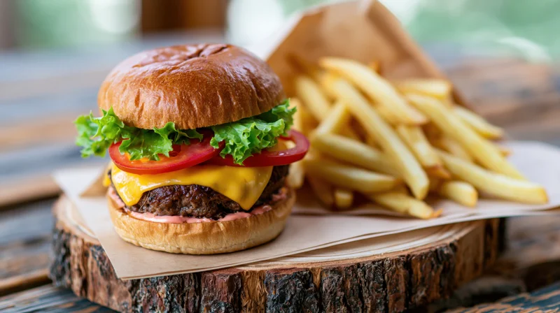 Cheeseburger with melted cheddar, tomato, lettuce and ketchup on a wooden platter with french fries beside it