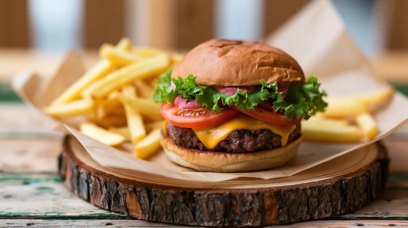 Cheeseburger with melted cheddar, tomato, lettuce, and onion on wooden platter with french fries on parchment paper