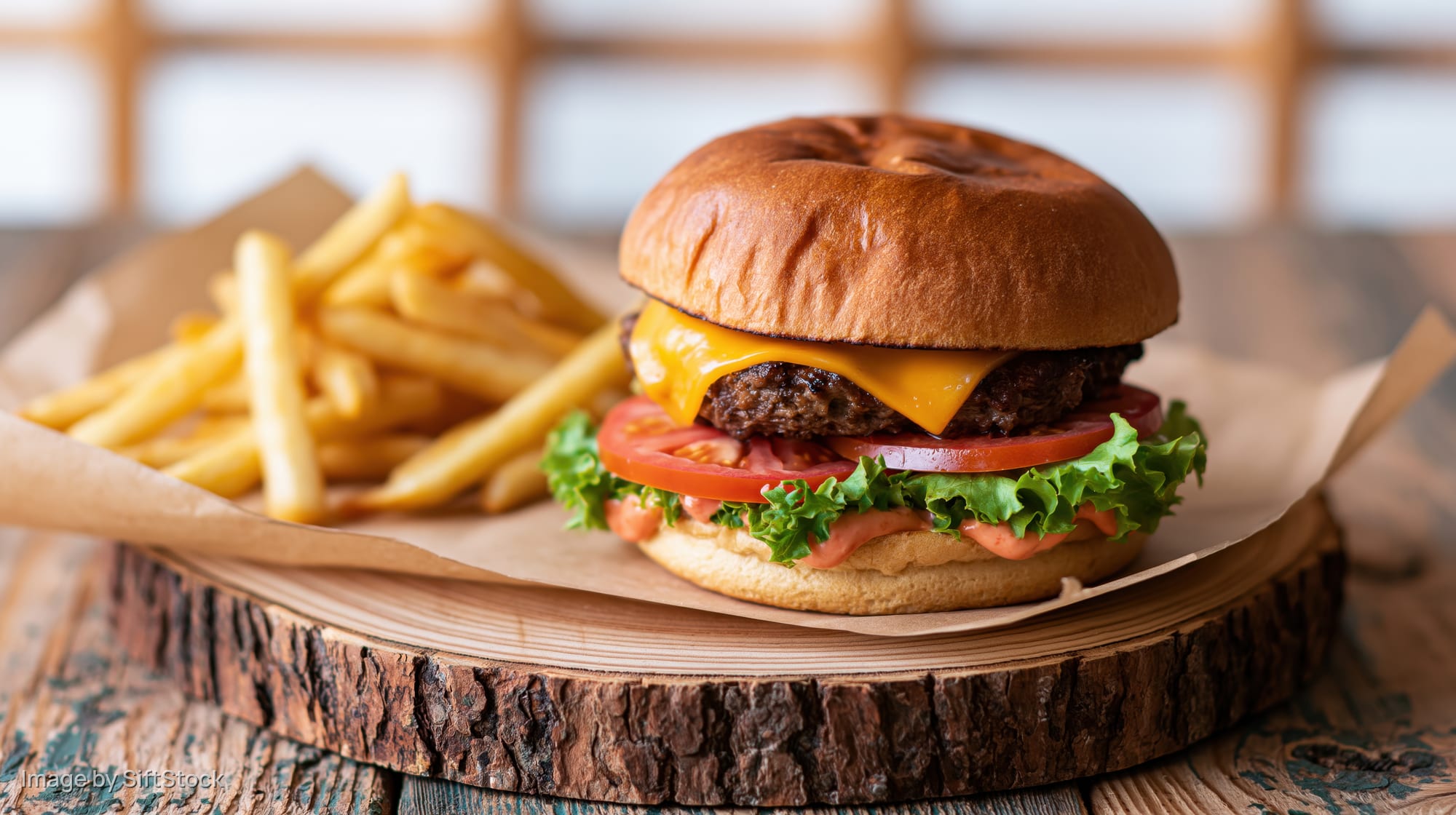 Cheeseburger with melted cheddar, tomato, lettuce and french fries served on a wooden tray lined with paper