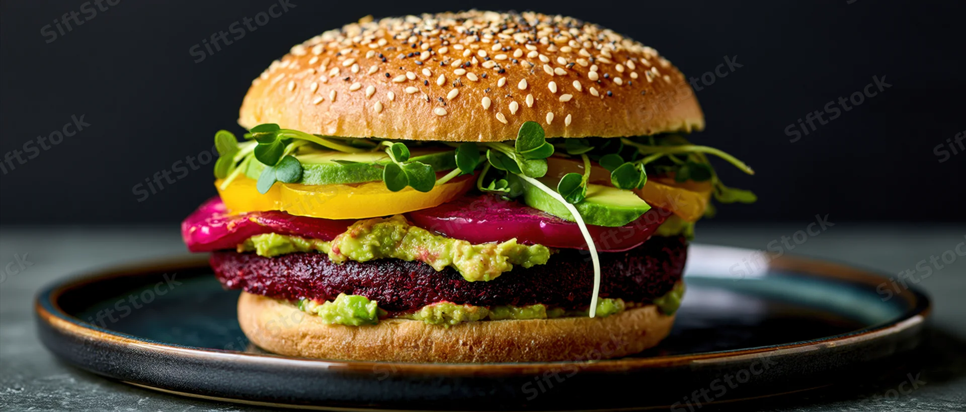 Stacked vegan burger with beet patty and avocado on seeded brioche bun on dark plate