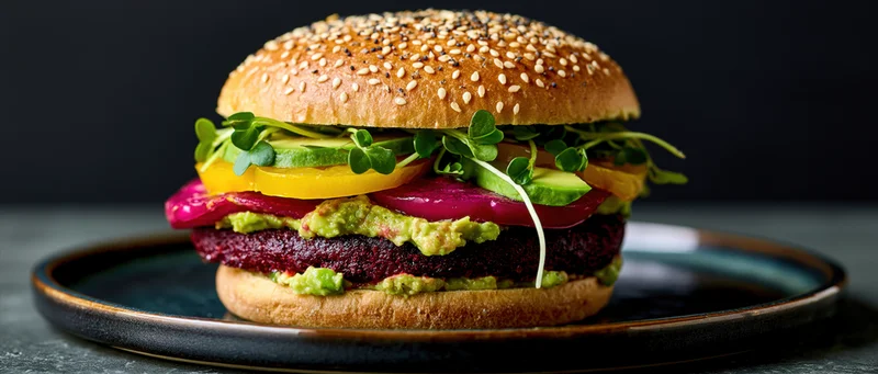 Stacked vegan burger with beet patty and avocado on seeded brioche bun on dark plate
