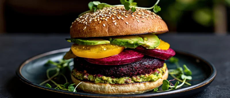 Stacked vegan burger with beet patty, avocado, tomato, and guacamole on a seeded brioche bun served on a dark plate
