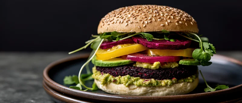 Stacked vegan burger with black bean patty, guacamole, avocado, beetroot, pickled red onion, yellow pepper, and microgreens on a sesame brioche bun served on a dark ceramic plate