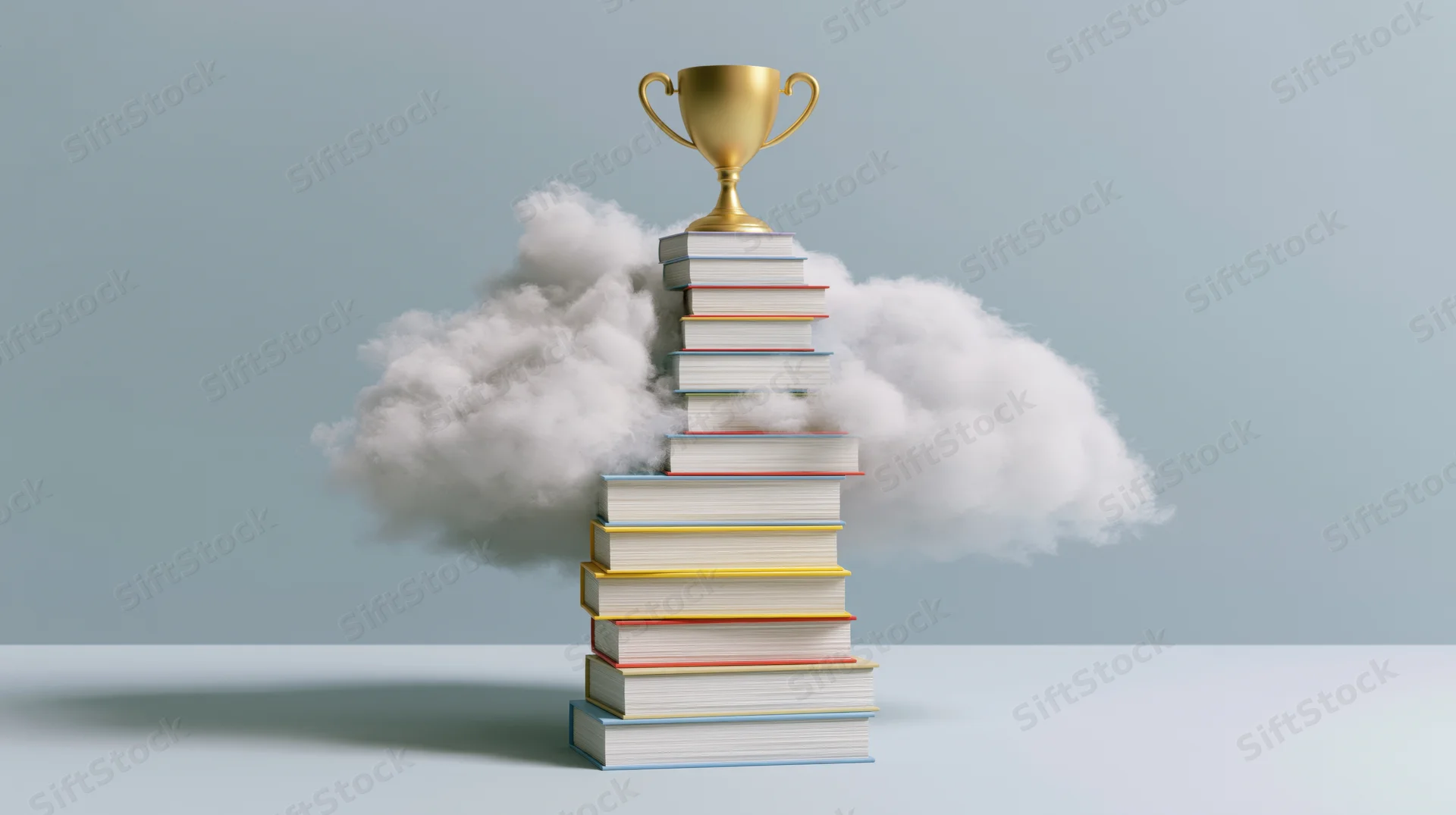 Stack of colorful books forming staircase with golden trophy on top surrounded by cloud