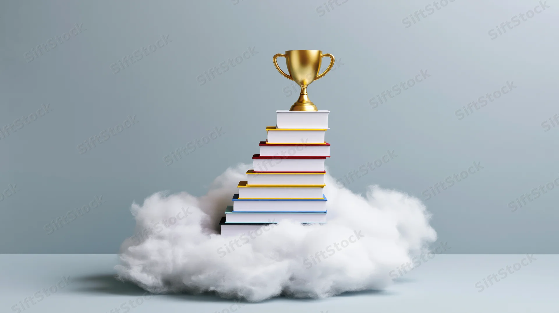 Stack of colorful books forming staircase topped with golden trophy resting on white cloud