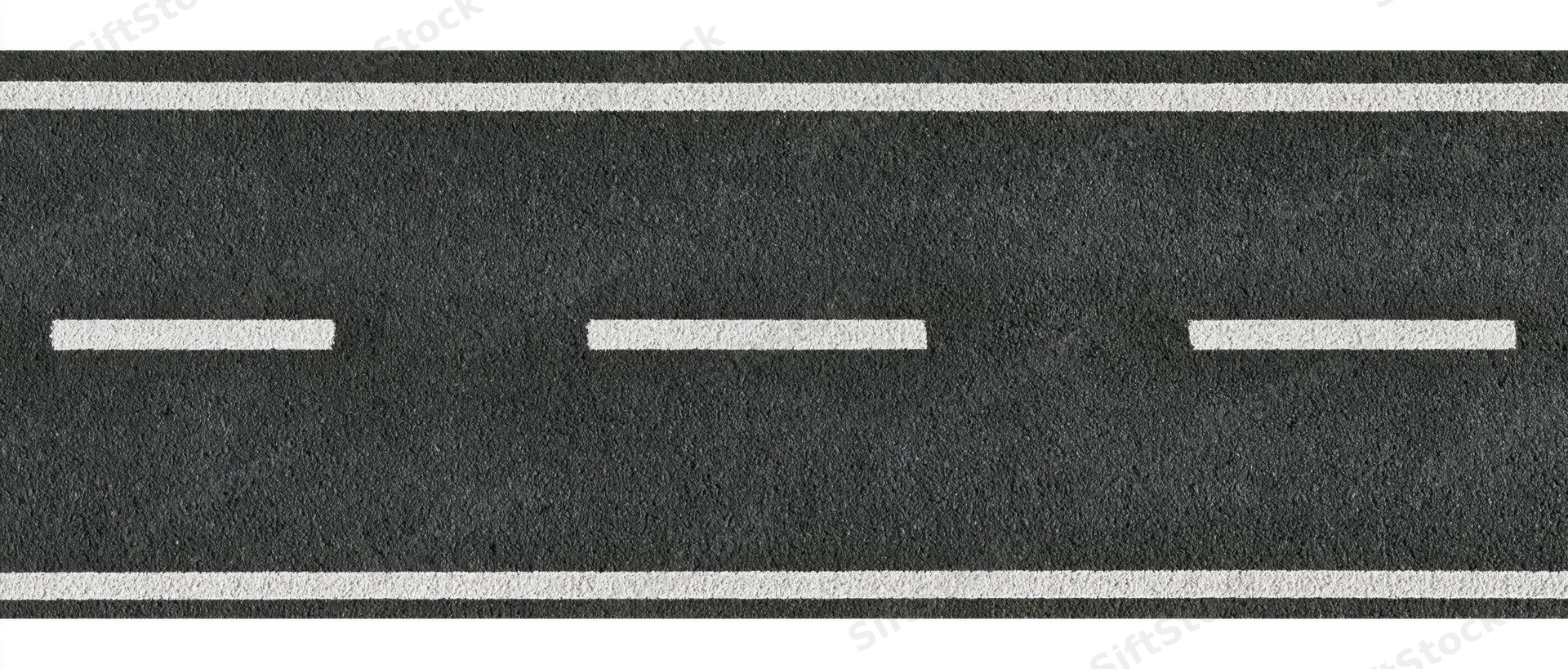 Straight two-lane asphalt road strip with white dashed center line on white background