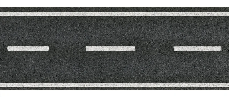 Straight two-lane asphalt road strip with white dashed center line on white background