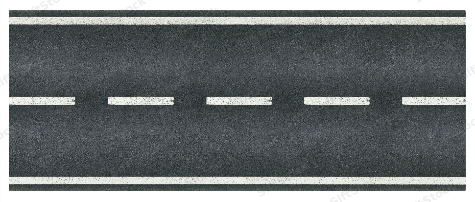 Straight two-lane asphalt road with white dashed centerline and solid edge lines viewed from above