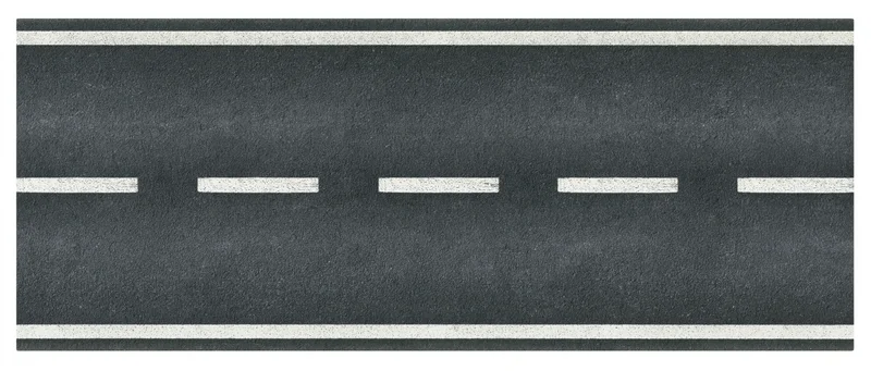 Straight two-lane asphalt road with white dashed centerline and solid edge lines viewed from above