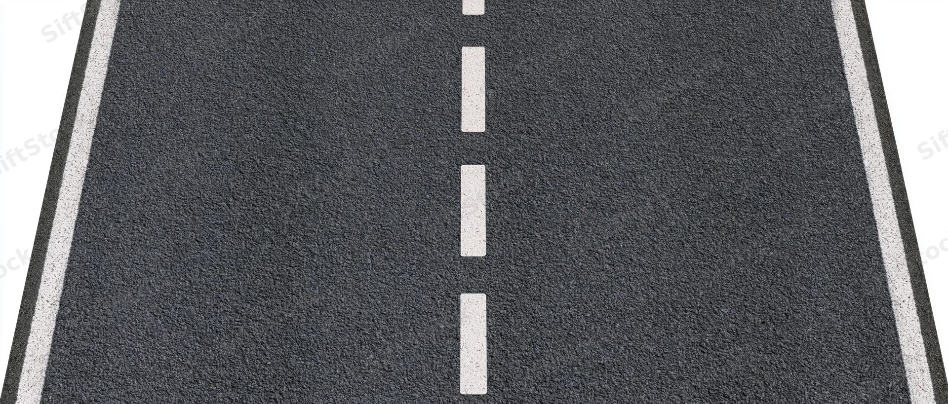 Straight asphalt road strip with white dashed centerline and solid edge lines on white background