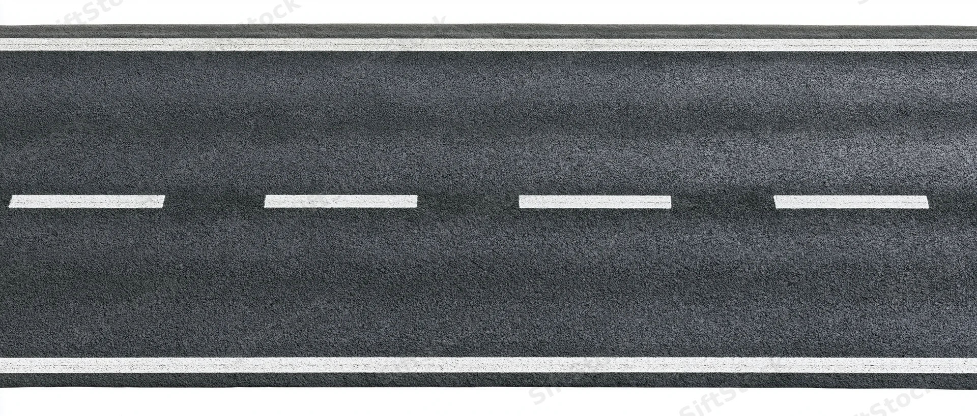 Straight two-lane asphalt road with white dashed center line and solid edge lines isolated on white