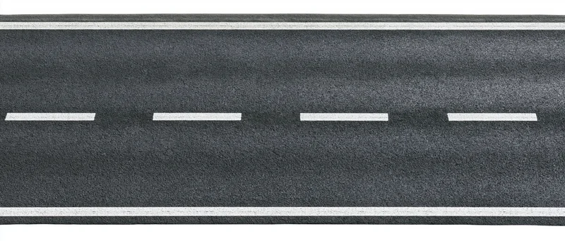 Straight two-lane asphalt road with white dashed center line and solid edge lines isolated on white