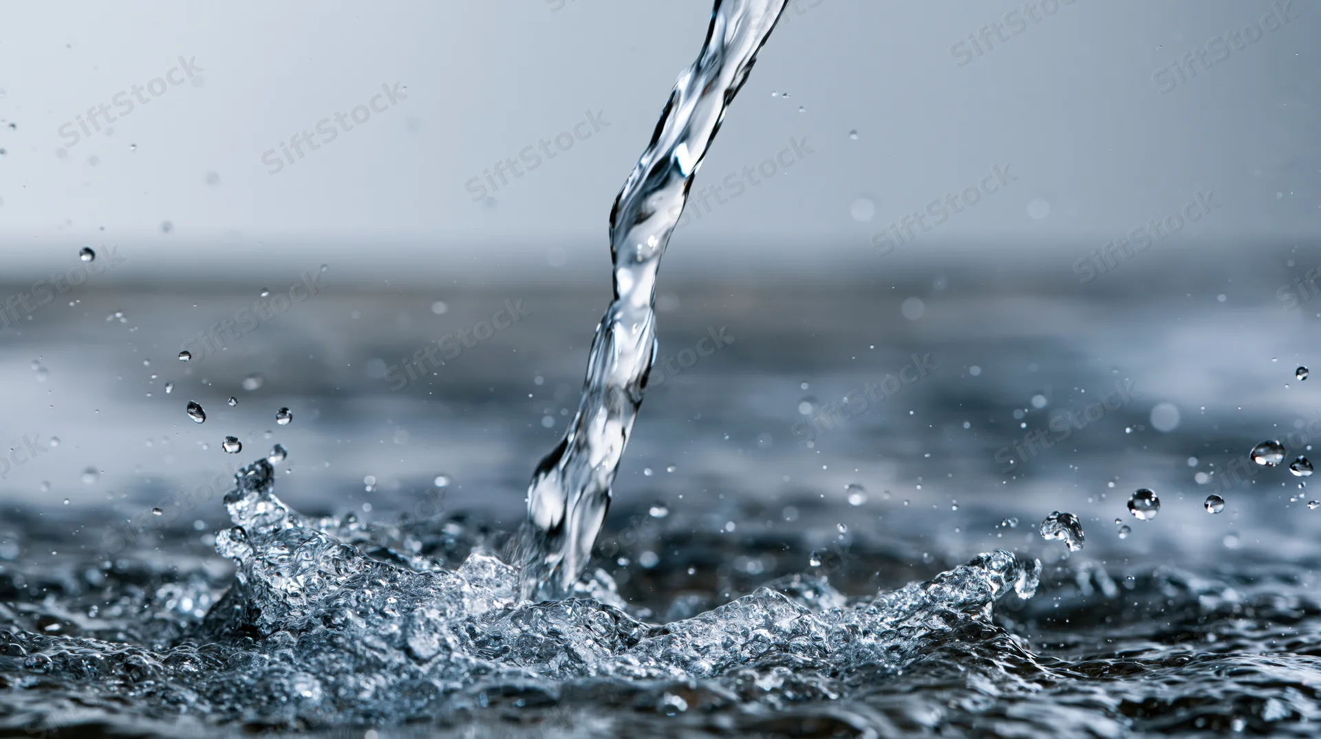 Stream of water pouring forcefully onto a wet surface creating splashes and ripples