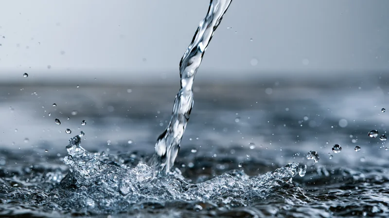 Stream of water pouring forcefully onto a wet surface creating splashes and ripples