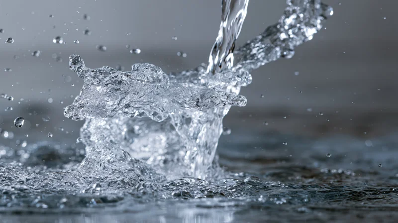 Stream of water pouring forcefully onto wet surface creating splash and droplets