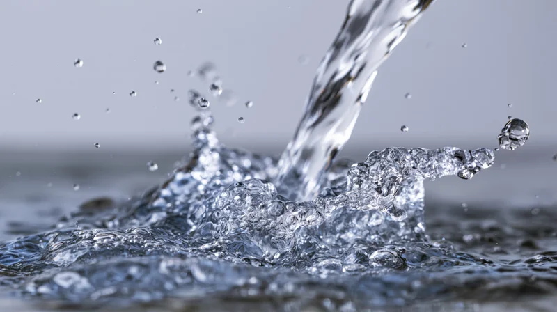Stream of water pouring forcefully onto a wet surface creating splashes and droplets