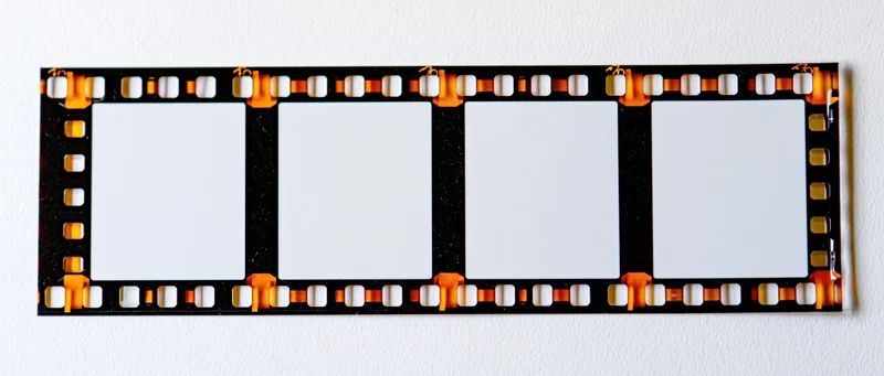 Blank 35mm film strip with four empty frames laid flat on white surface