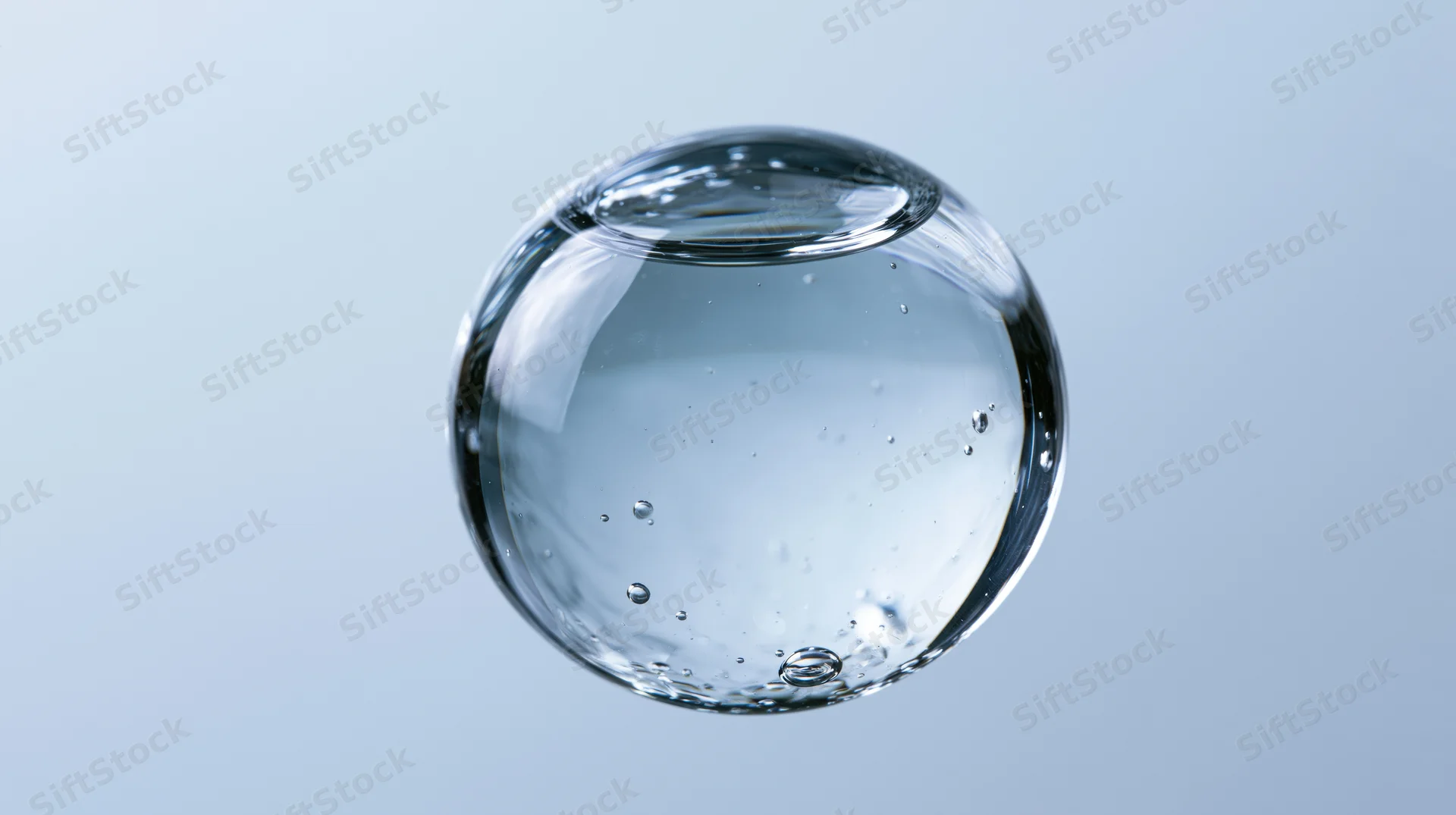 A transparent spherical water droplet floating mid-air against a light blue gradient background
