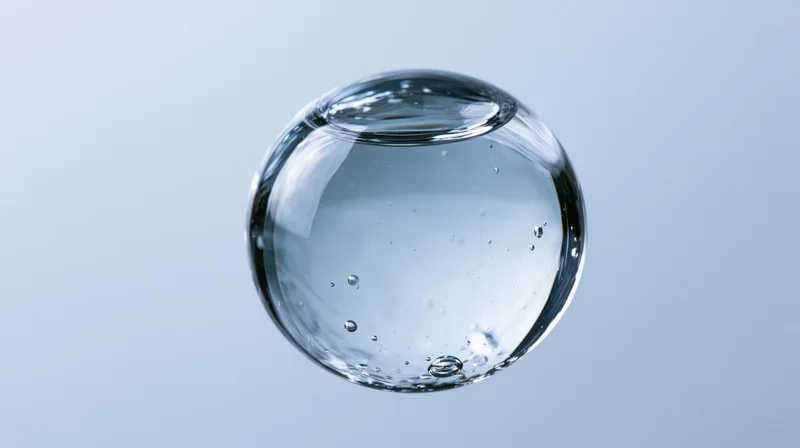 A transparent spherical water droplet floating mid-air against a light blue gradient background
