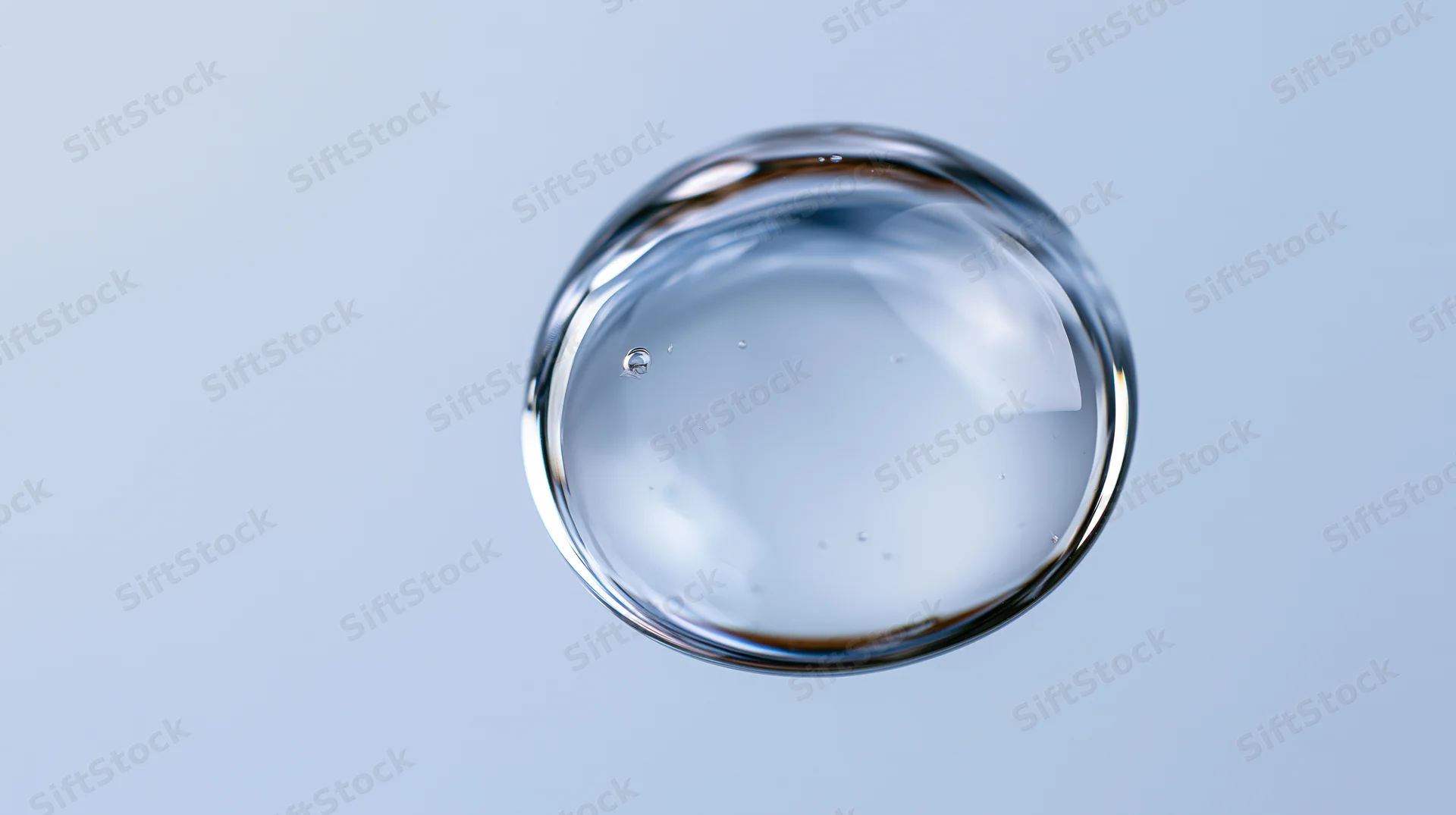 A suspended water droplet floating mid-air against a light blue background