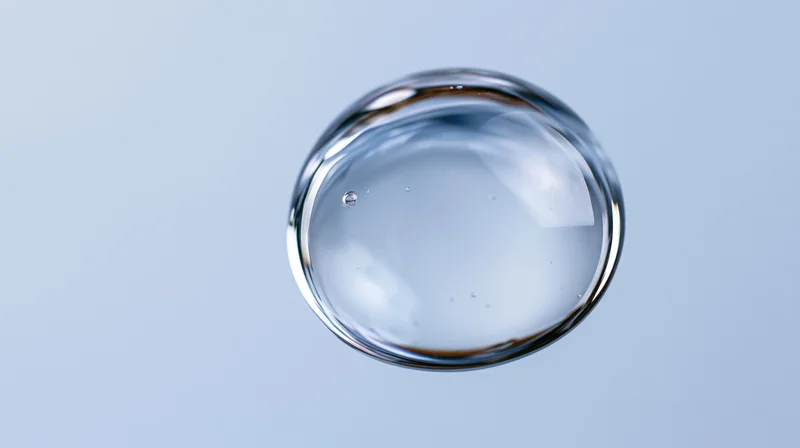 A suspended water droplet floating mid-air against a light blue background