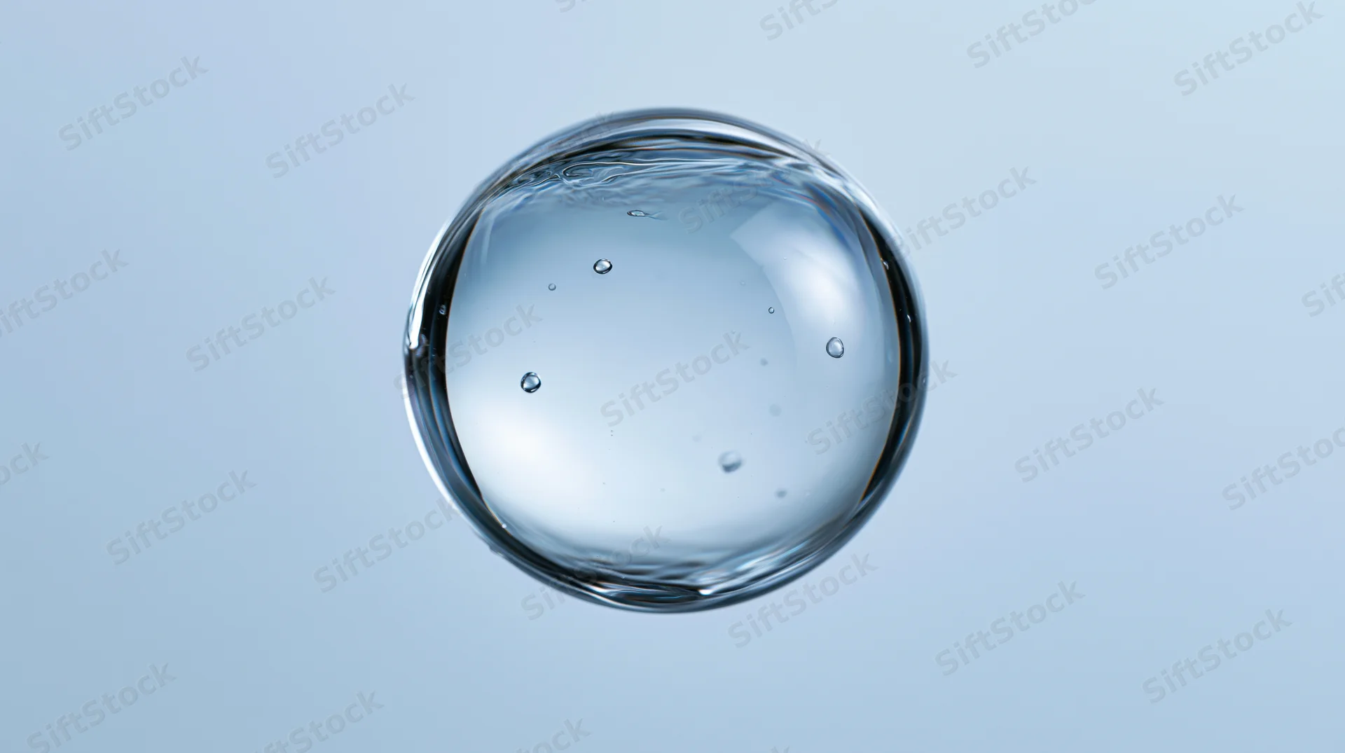A spherical water droplet suspended in midair against a light blue background