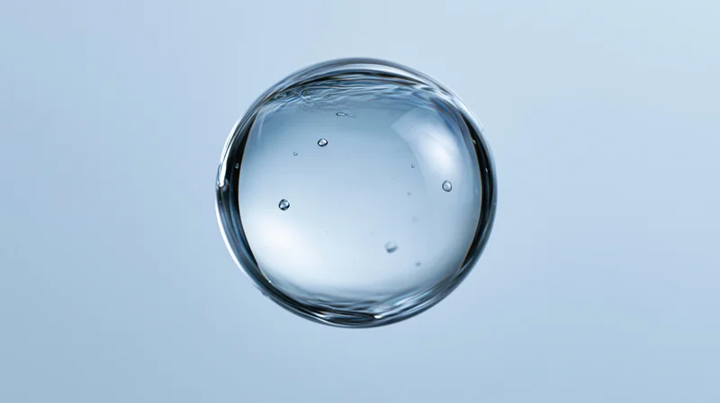 A spherical water droplet suspended in midair against a light blue background