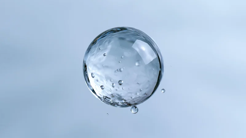 A spherical water droplet suspended in mid-air against a light blue background