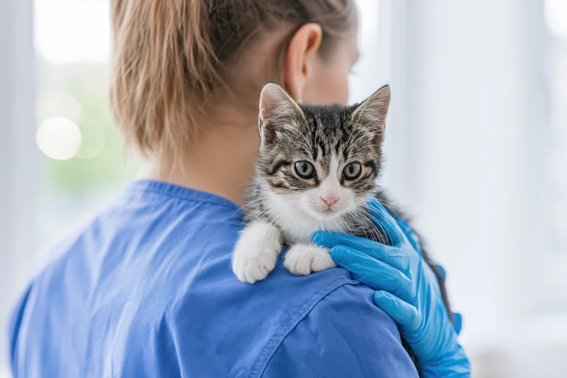 Veterinarian holding tabby-and-white kitten over shoulder in clinic