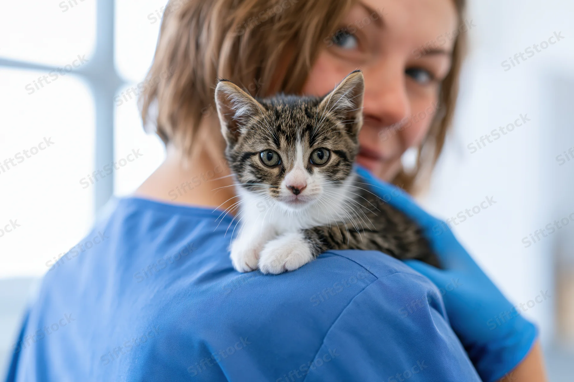 Young woman in blue scrubs holding a tabby-and-white kitten over her shoulder indoors