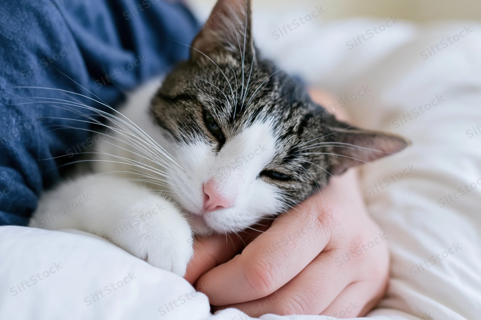 Tabby and white cat nuzzling against a human hand on a bed