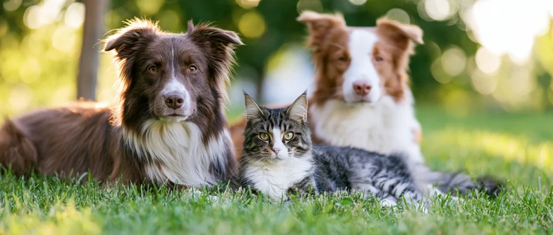 Tabby cat and two border collies lying together on grass in a sunlit garden