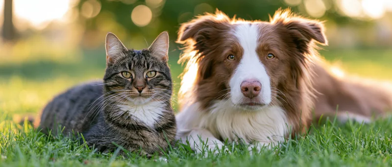 Tabby cat and red-and-white border collie lying together on grass in sunlight