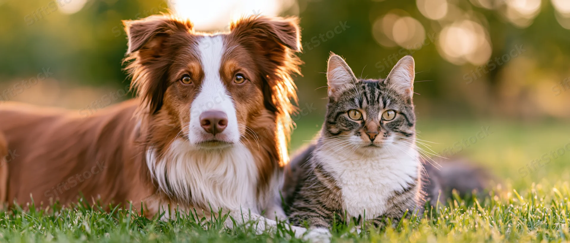 Tabby cat and red-and-white border collie lying together on grass in sunlight