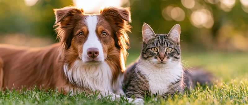 Tabby cat and red-and-white border collie lying together on grass in sunlight