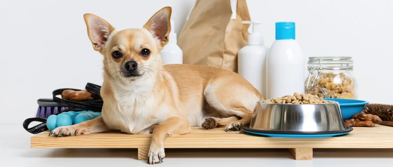 Tan chihuahua lying on wooden shelf surrounded by pet care products and food bowl