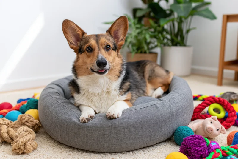 Tricolor pembroke welsh corgi lying alert in a round grey dog bed surrounded by colorful toys on carpeted floor