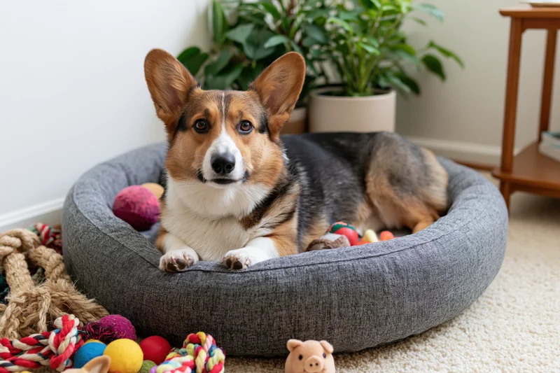 Tricolor pembroke welsh corgi lying alert in a round grey pet bed surrounded by toys in a cozy indoor living space